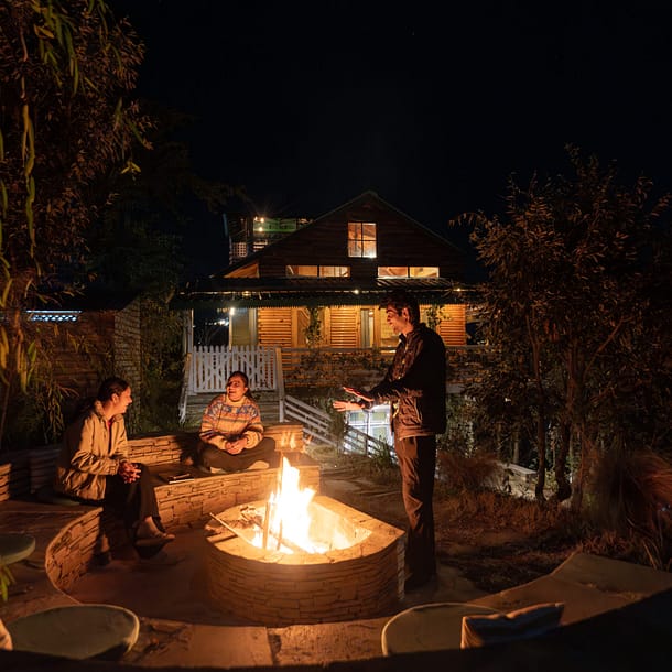 Bonfire evenings at Shoonya's big stone bonfire